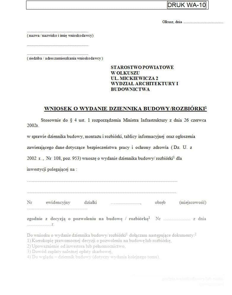 Przykładowy wniosek o wydanie dziennika budowy