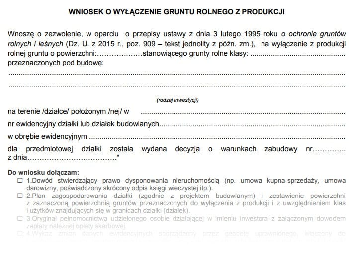 Wniosek o wyłączenie gruntu rolnego z produkcji Wniosek o wyłączenie gruntu rolnego z produkcji