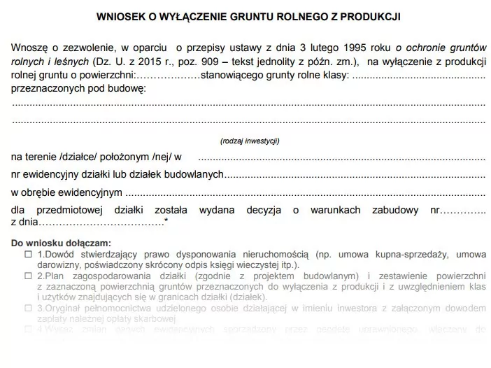 Wniosek o wyłączenie gruntu rolnego z produkcji