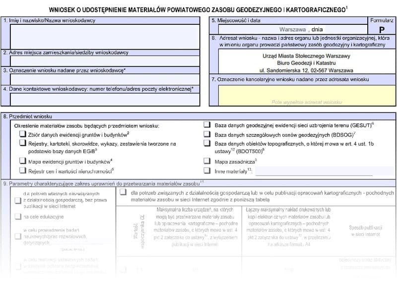 Wniosek o udostępnienie mapy ewidencji gruntów i budynków lub mapy zasadniczej