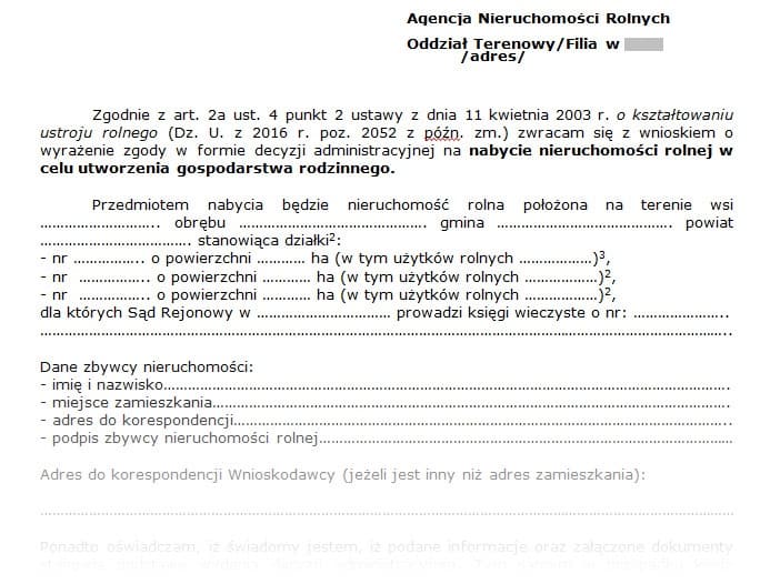 Wniosek nabywcy nieruchomości rolnej
