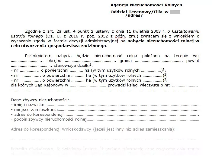 Wniosek nabywcy nieruchomości rolnej