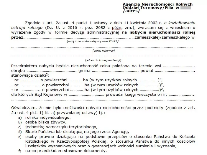 Wniosek zbywcy nieruchomości rolnej