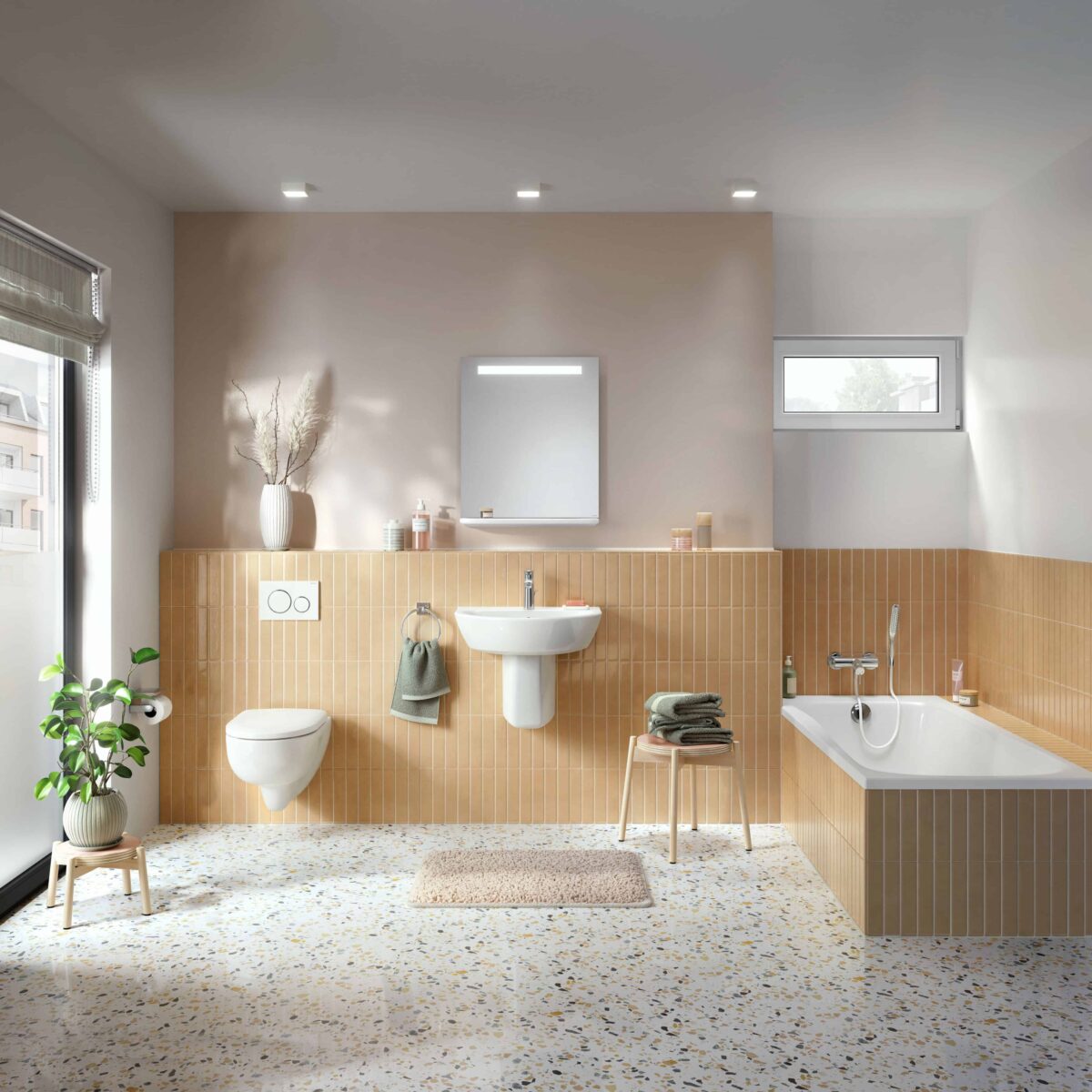 Wanna czy kabina prysznicowa? Rozwiążmy odwieczny dylemat | BLOG BUDOWLANY Łazienka z wanną, umywalką i wiszącą miską WC