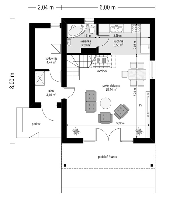 Projekt domu Chatka 2 drewniana - rzut parteru