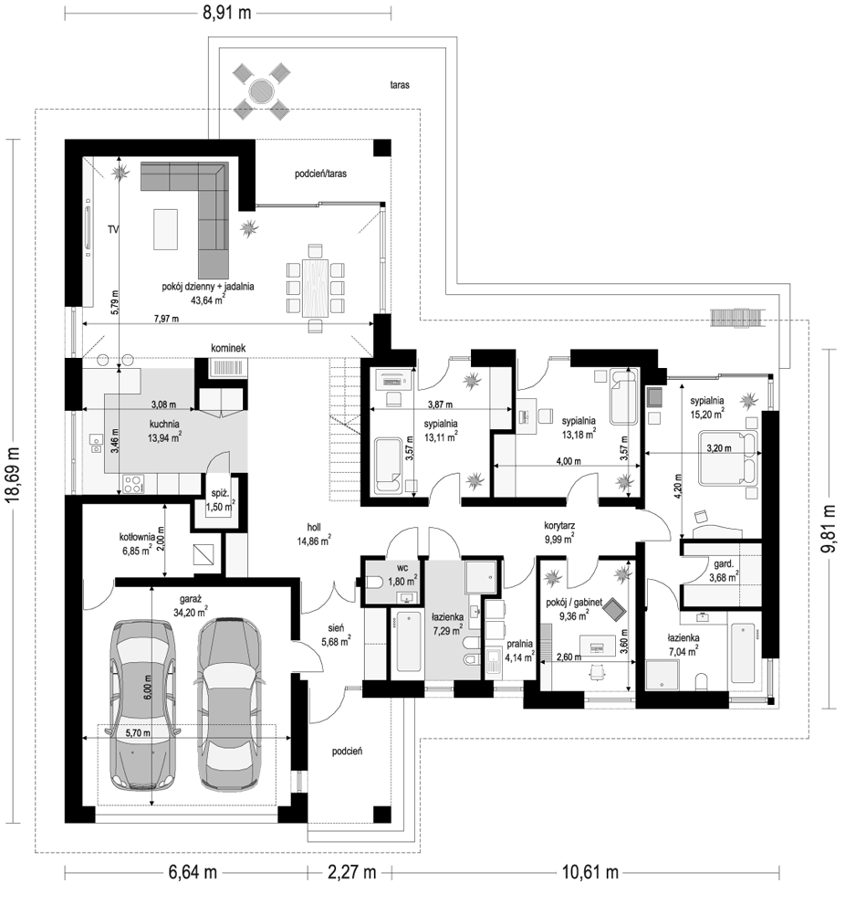 Projekt domu Parterowy 2 B - rzut parteru