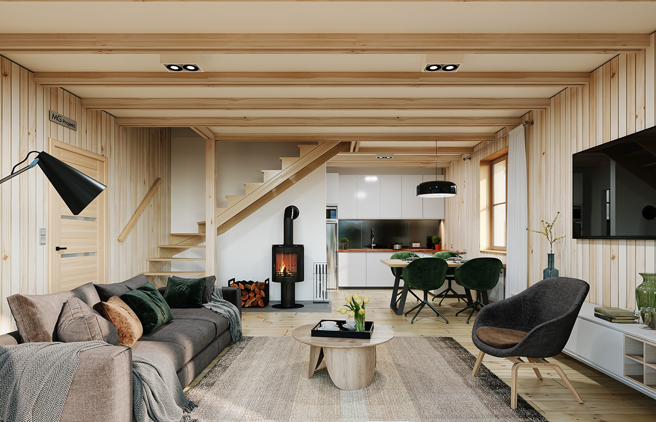 Projekt domu Chatka 2 drewniana - wizualizacja wnętrza