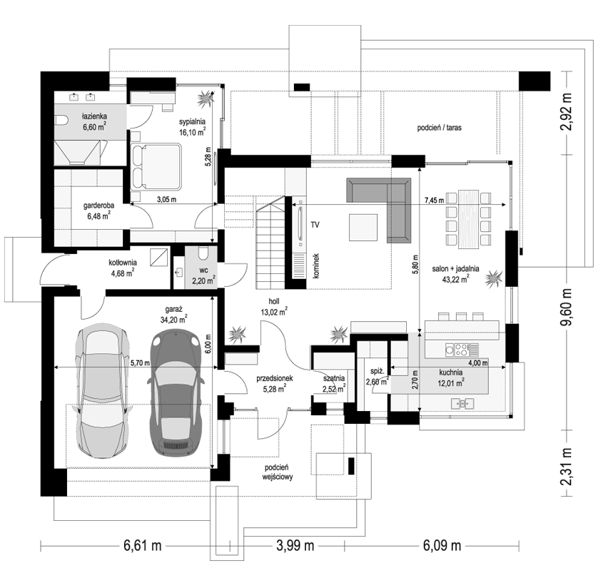 Projekt domu Hiacynt 8 - rzut parteru odbicie