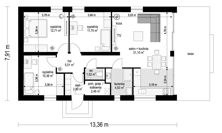 Projekt domu MG 2 wariant 15 B - rzut parteru