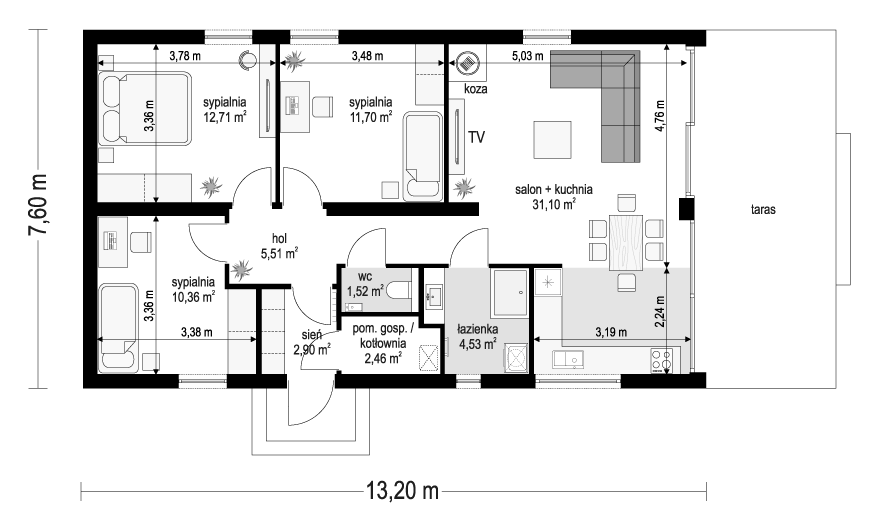Projekt domu MG 2 wariant 15 drewniany B - rzut parteru