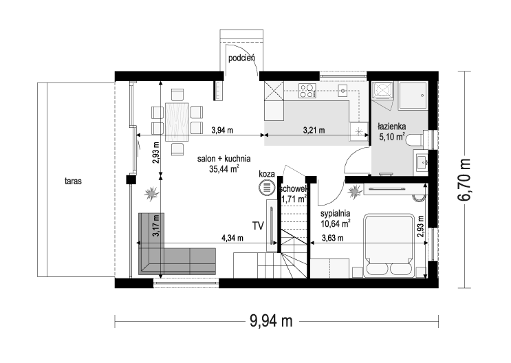 Projekt domu MG 3 wariant 18 drewniany rzut parteru