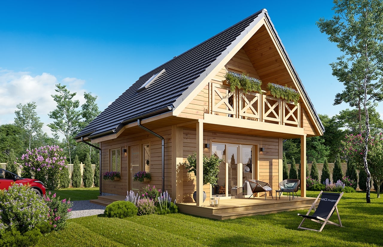 Projekt domu Sosenka drewniana - wizualizacja ogrodowa