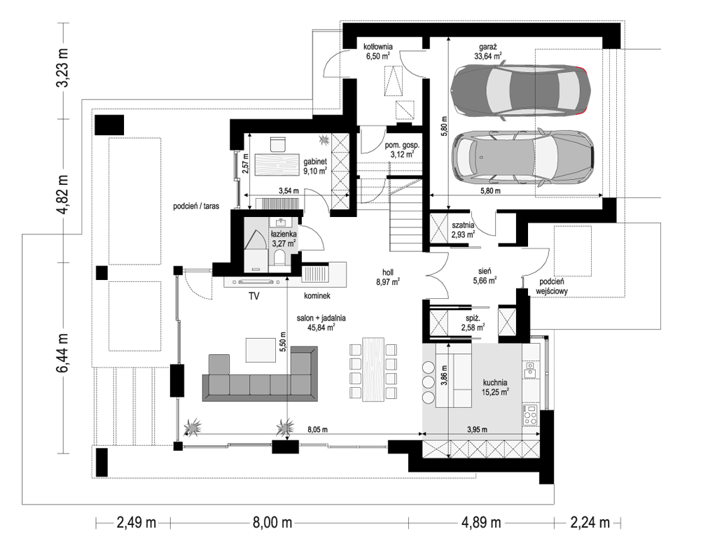 Projekt domu Willa floryda 6 - rzut parteru