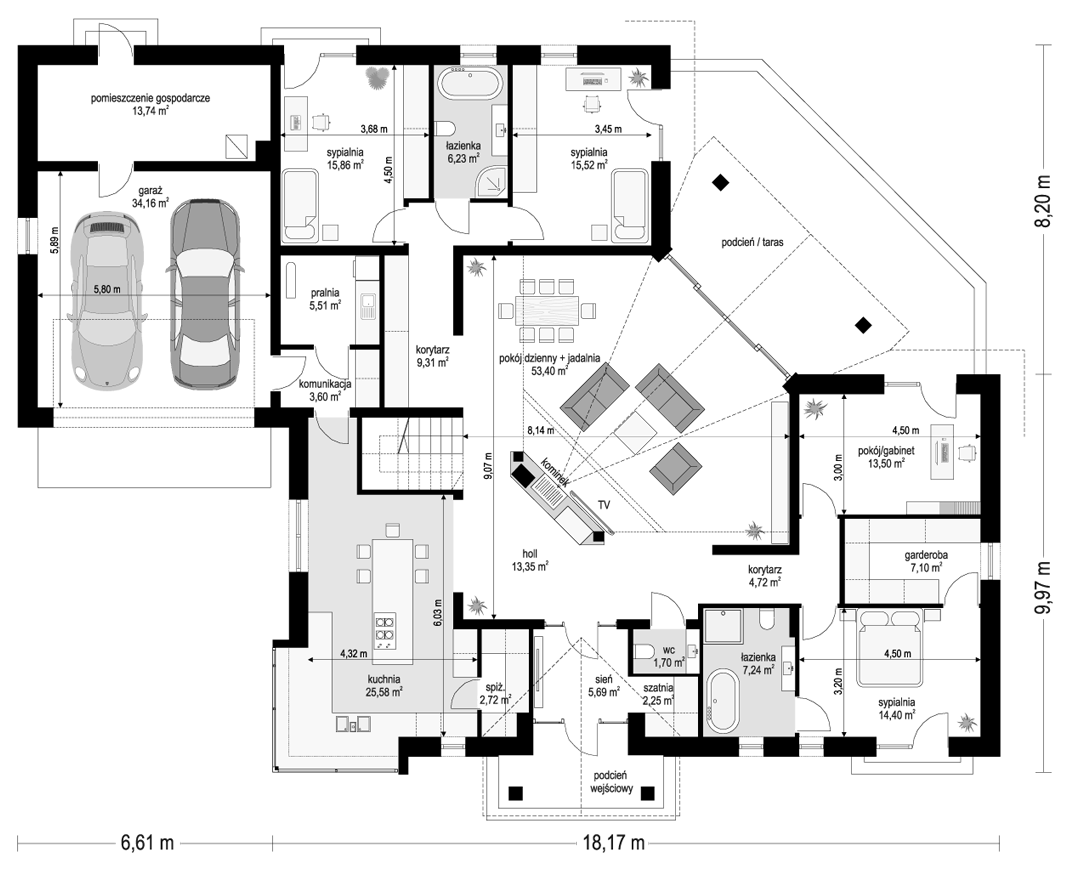 Projekt domu Willa parkowa 6 modern A - rzut parteru