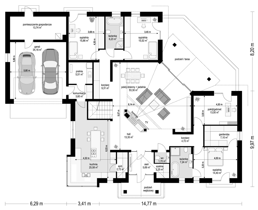 Projekt domu Willa parkowa 6 modern B - rzut parteru