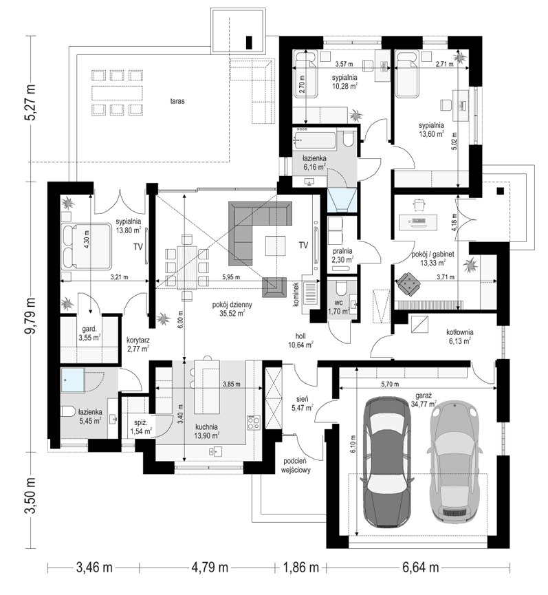 Projekt domu Willa parterowa 3 - rzut parteru