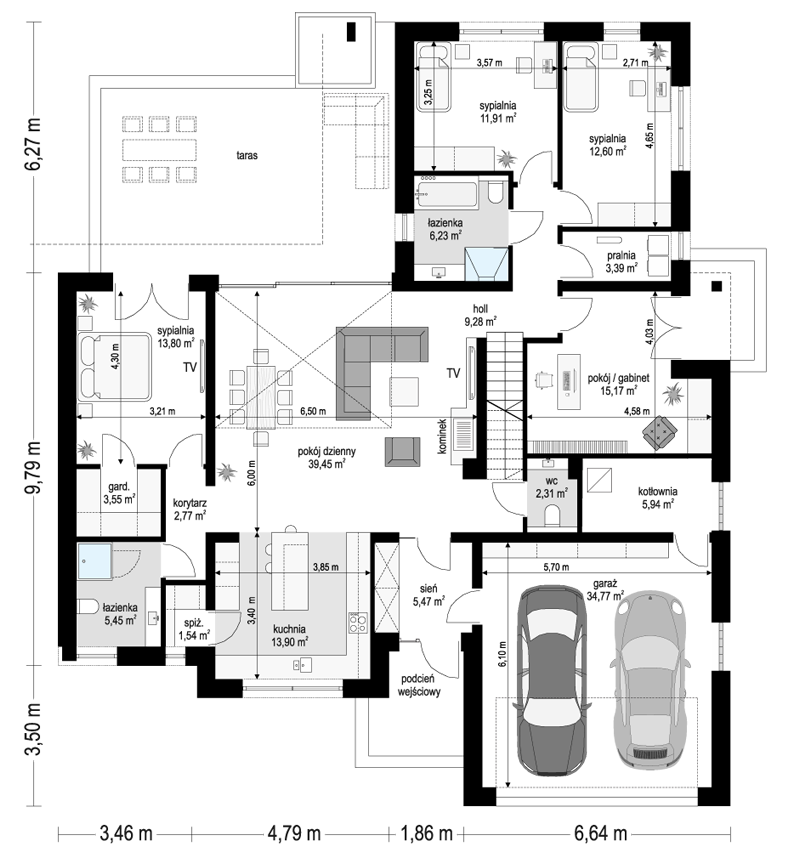 Projekt domu Willa parterowa 4 - rzut parteru