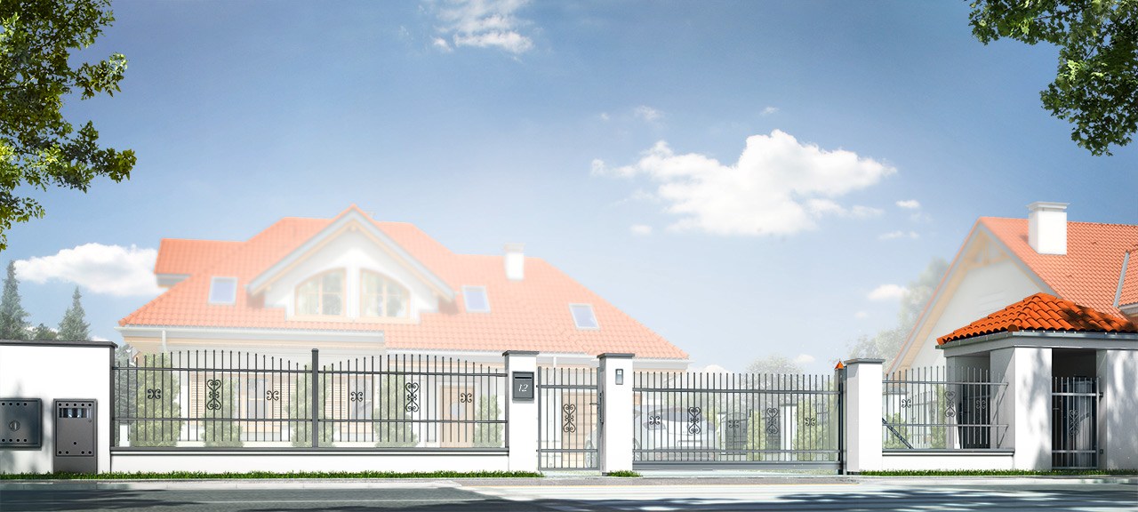 Projekt ogrodzenia klasycznego z murowanymi słupkami i metalowymi ozdobnymi przęsłami Projekt ogrodzenia klasycznego z murowanymi słupkami i metalowymi ozdobnymi przęsłami