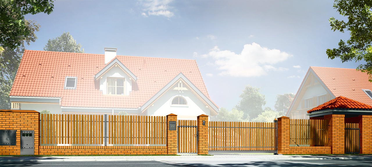 Projekt ogrodzenia klinkierowego z drewnianymi sztachetami Projekt ogrodzenia klinkierowego z drewnianymi sztachetami